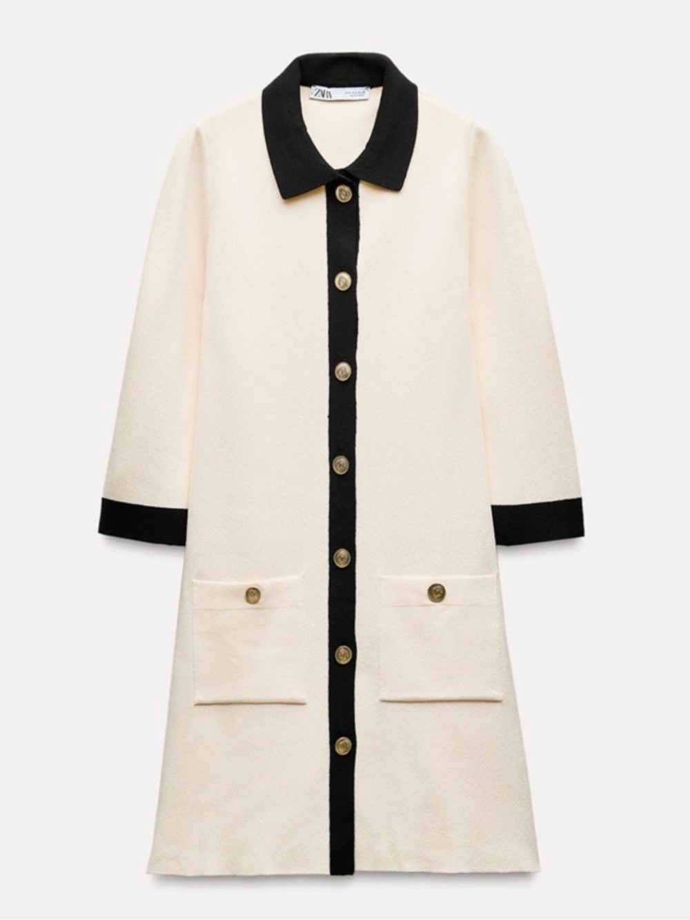 Zara Cream and Black Sweater Dress with Gold Buttons (M)